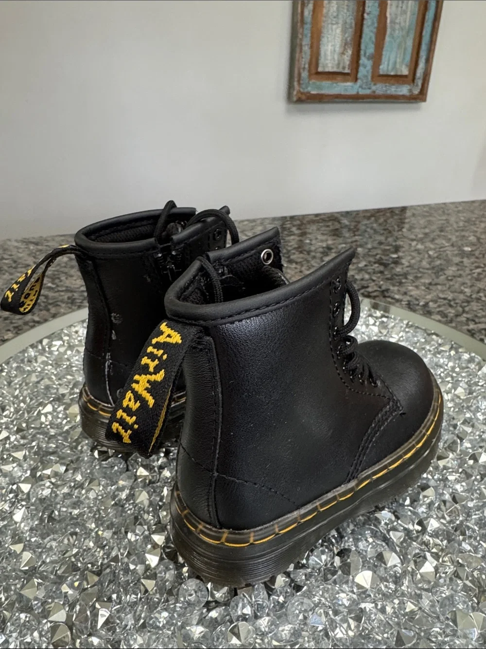 Dr. Martens Black Leather Lace-Up Boots with Yellow Accents EUC 7 toddler